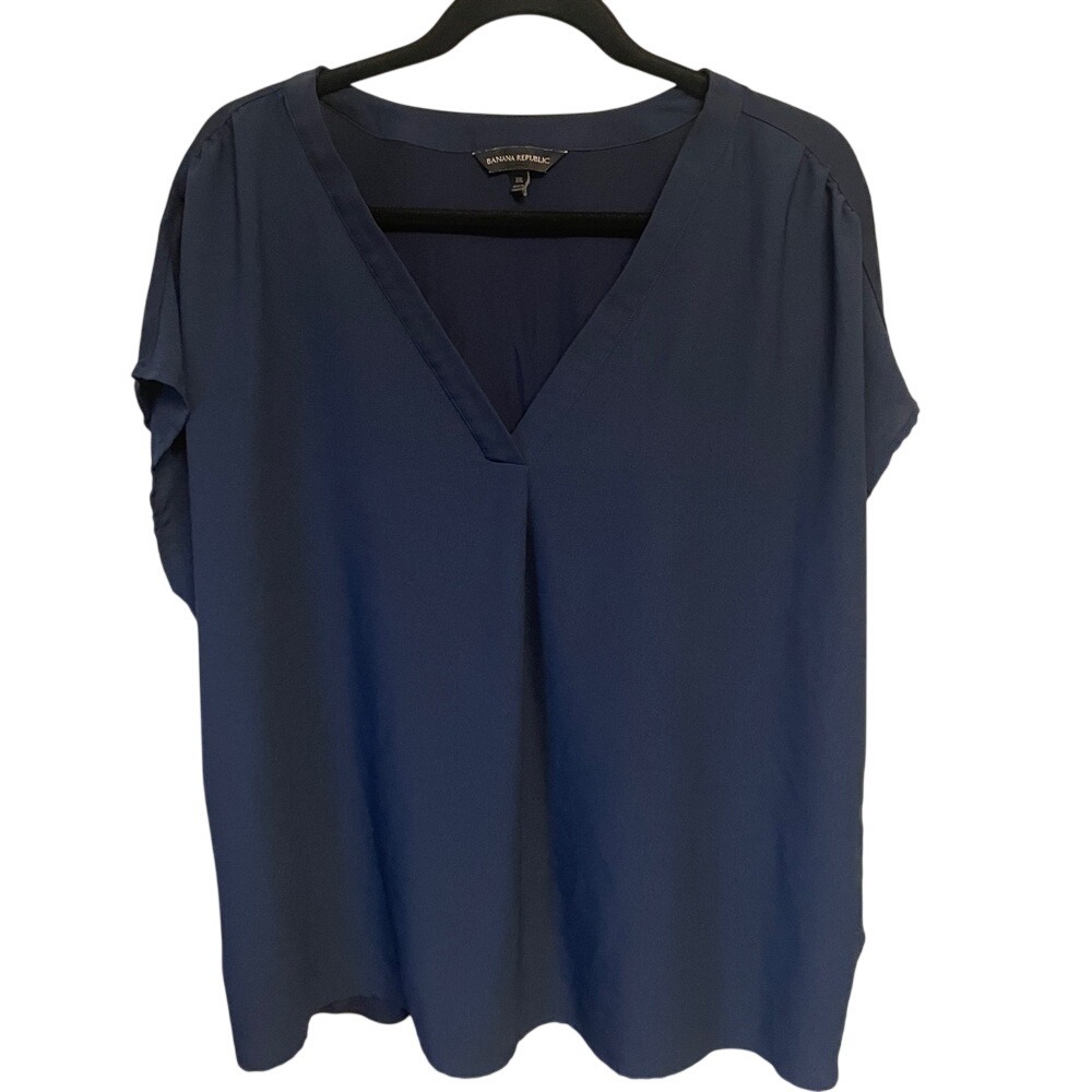 Banana Republic Navy Blue V-Neck Short Sleeve Pleat Front Mixed Media Blouse XXL